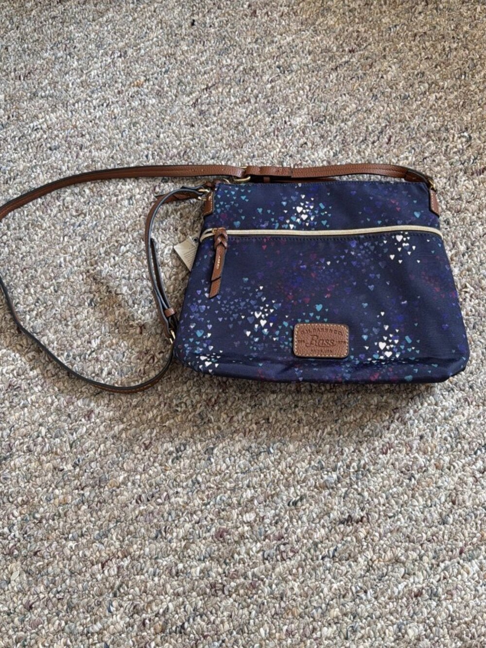 G.H. Bass & Co. Navy Blue Nylon Crossbody Bag With Multicolored Heart Print -NWT